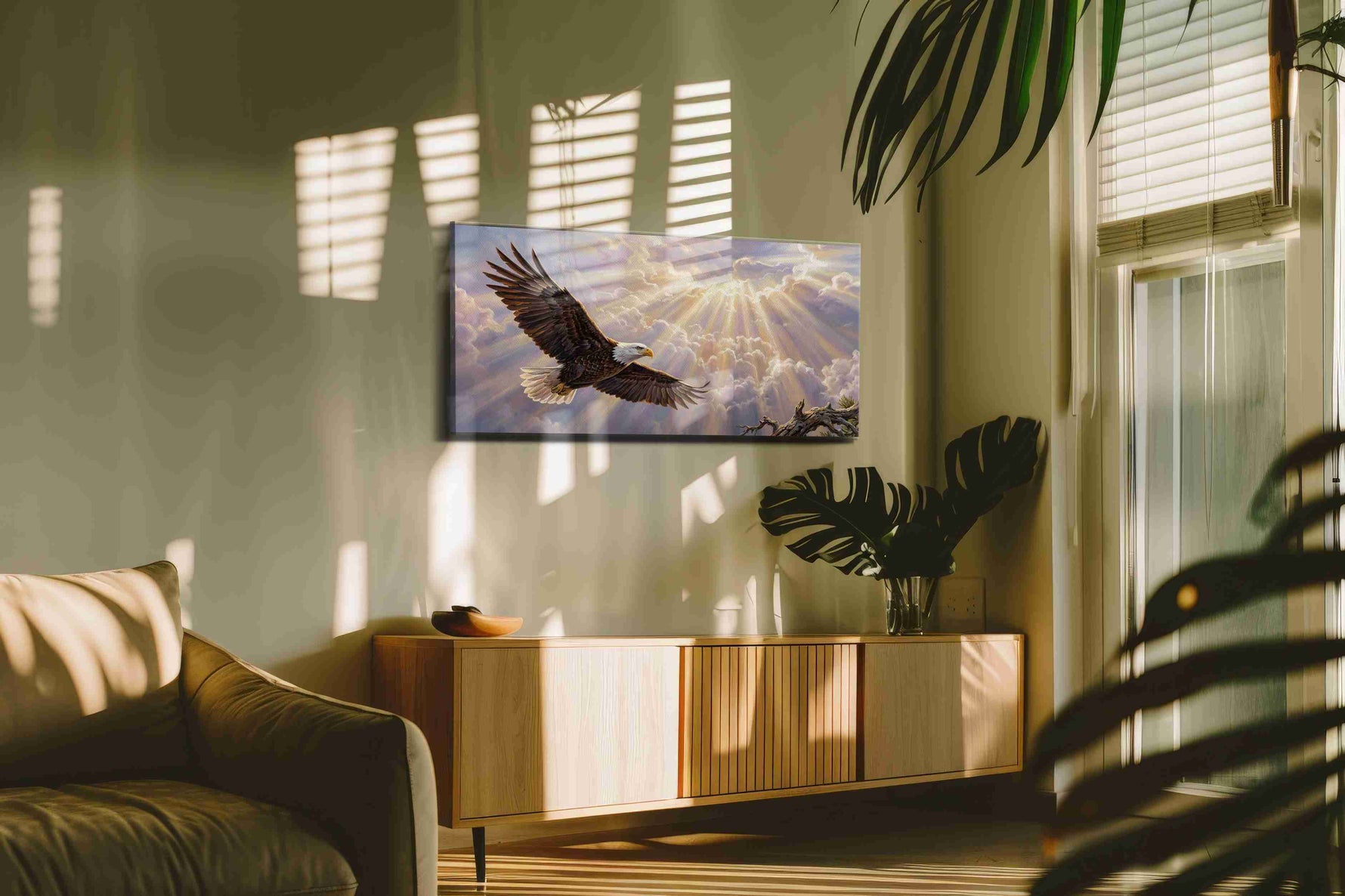 Soaring Through the Radiance birds canvas print in a hung canvas mockup