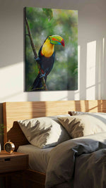 Vivid Jungle Sentinel birds canvas print, displayed in a bedroom