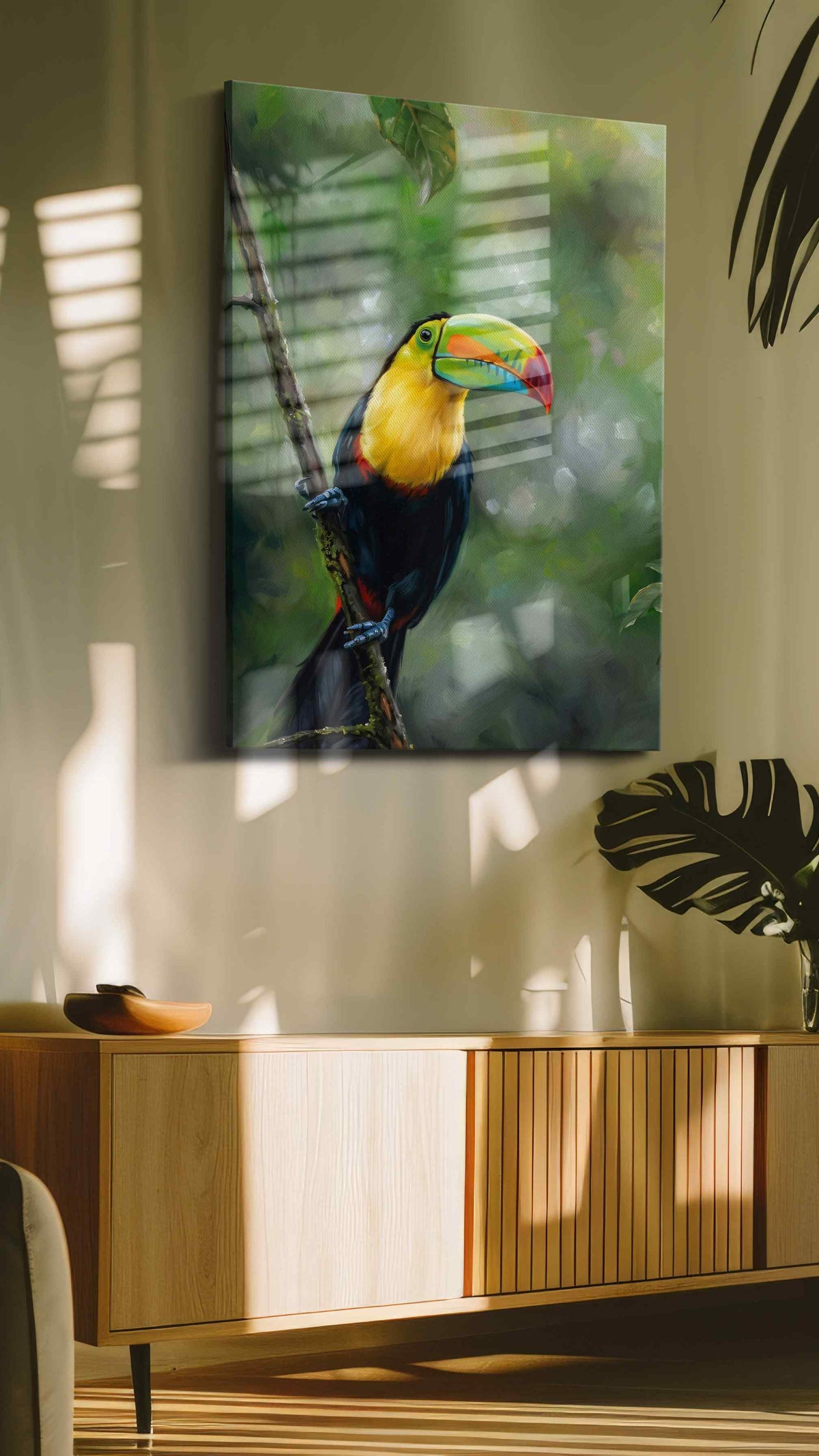 Vivid Jungle Sentinel birds canvas print, on wall, lifestyle preview