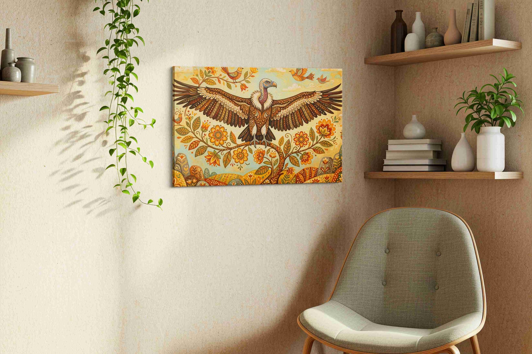 Wings of Vibrant Harmony birds canvas print, displayed in a living room