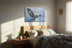 Wings of the Winter Guardian birds canvas print, displayed in a bedroom