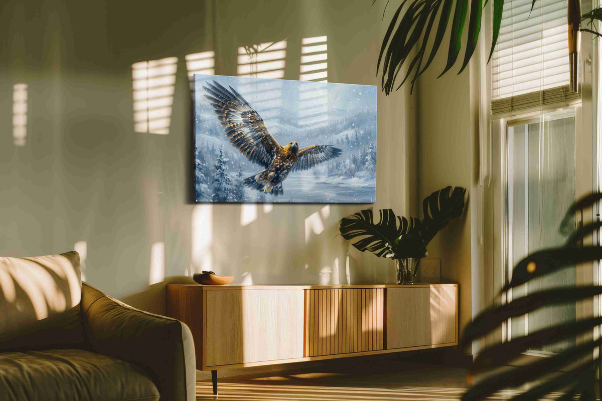 Wings of the Winter Guardian birds canvas print, hanging on wall