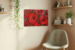 Crimson Petals Symphony floral canvas print, displayed in a living room