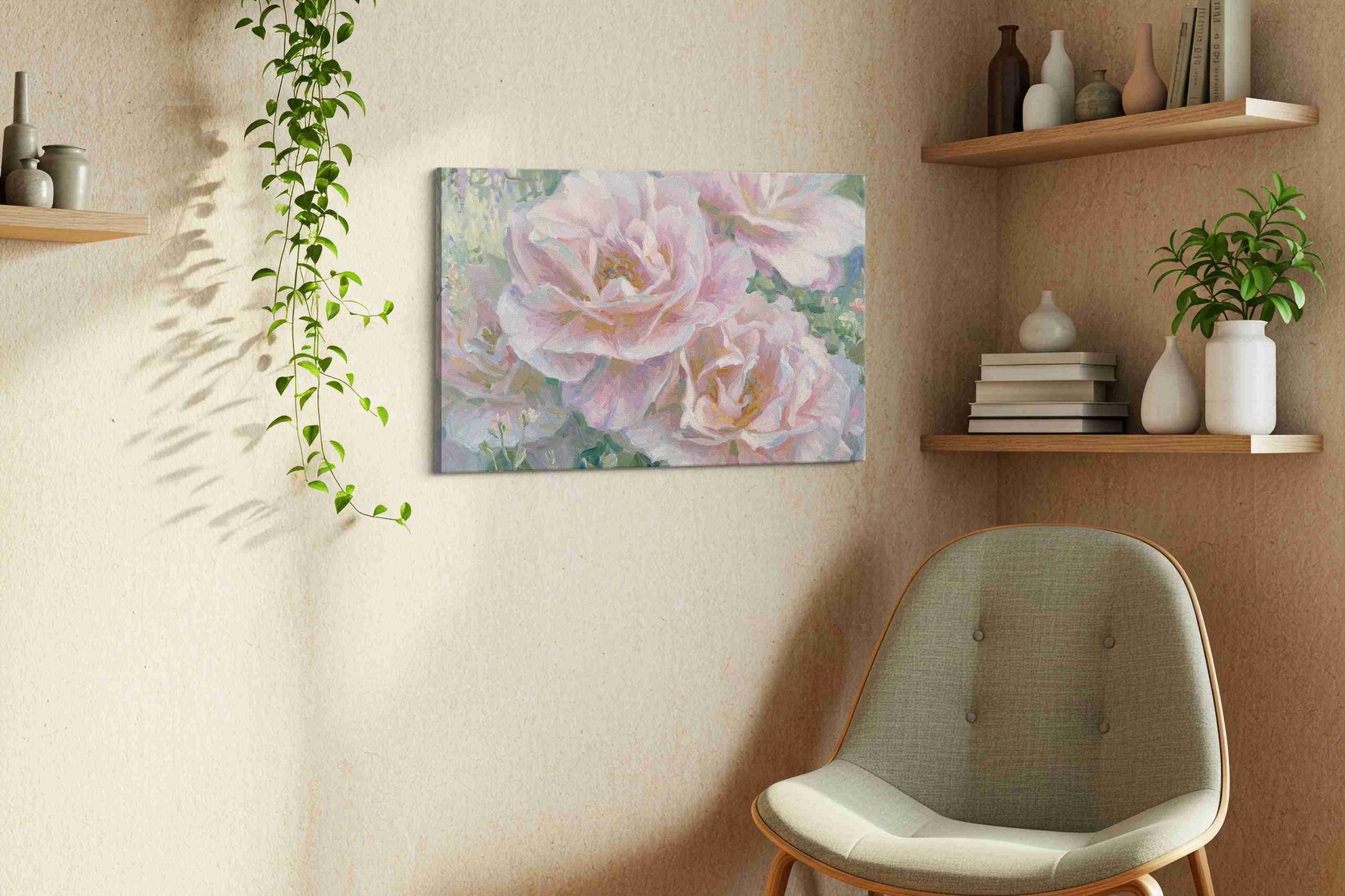 Ethereal Bloom Symphony floral canvas print styled in a living room