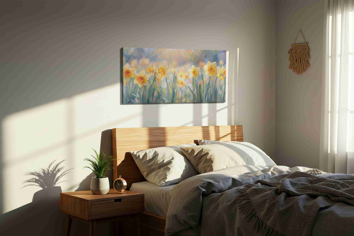 Sunlit Daffodil Symphony floral canvas print, displayed in a bedroom
