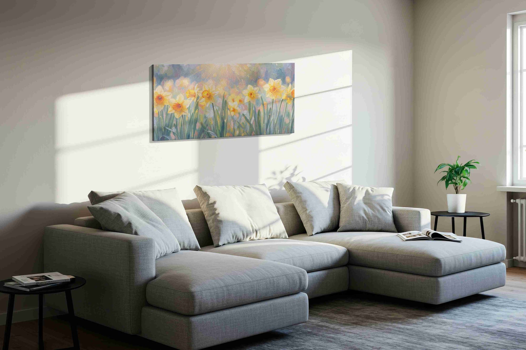 Sunlit Daffodil Symphony floral canvas print, displayed in a living room