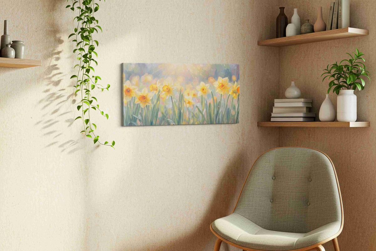 Sunlit Daffodil Symphony floral canvas print styled in a living room