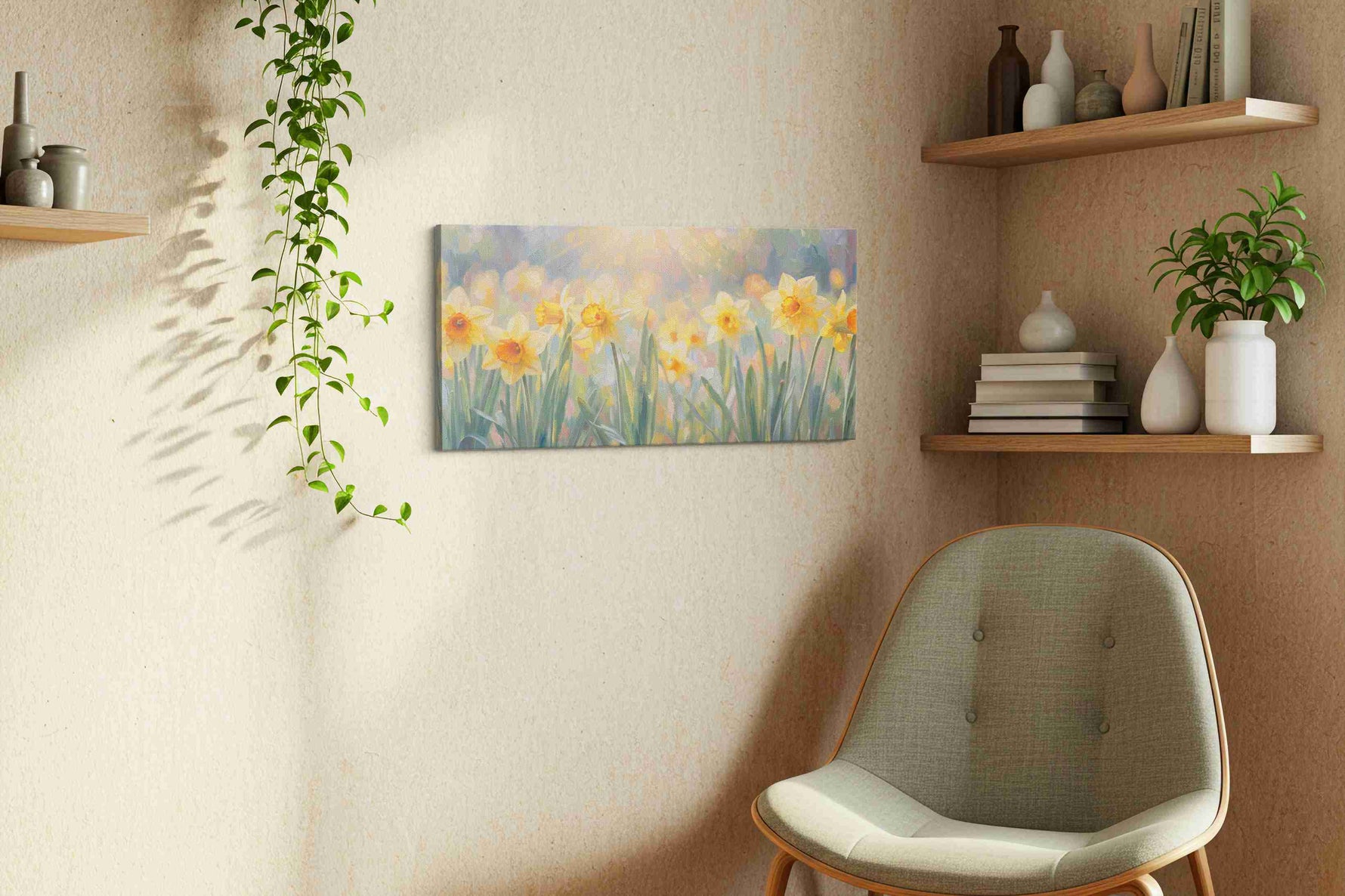 Sunlit Daffodil Symphony floral canvas print styled in a living room