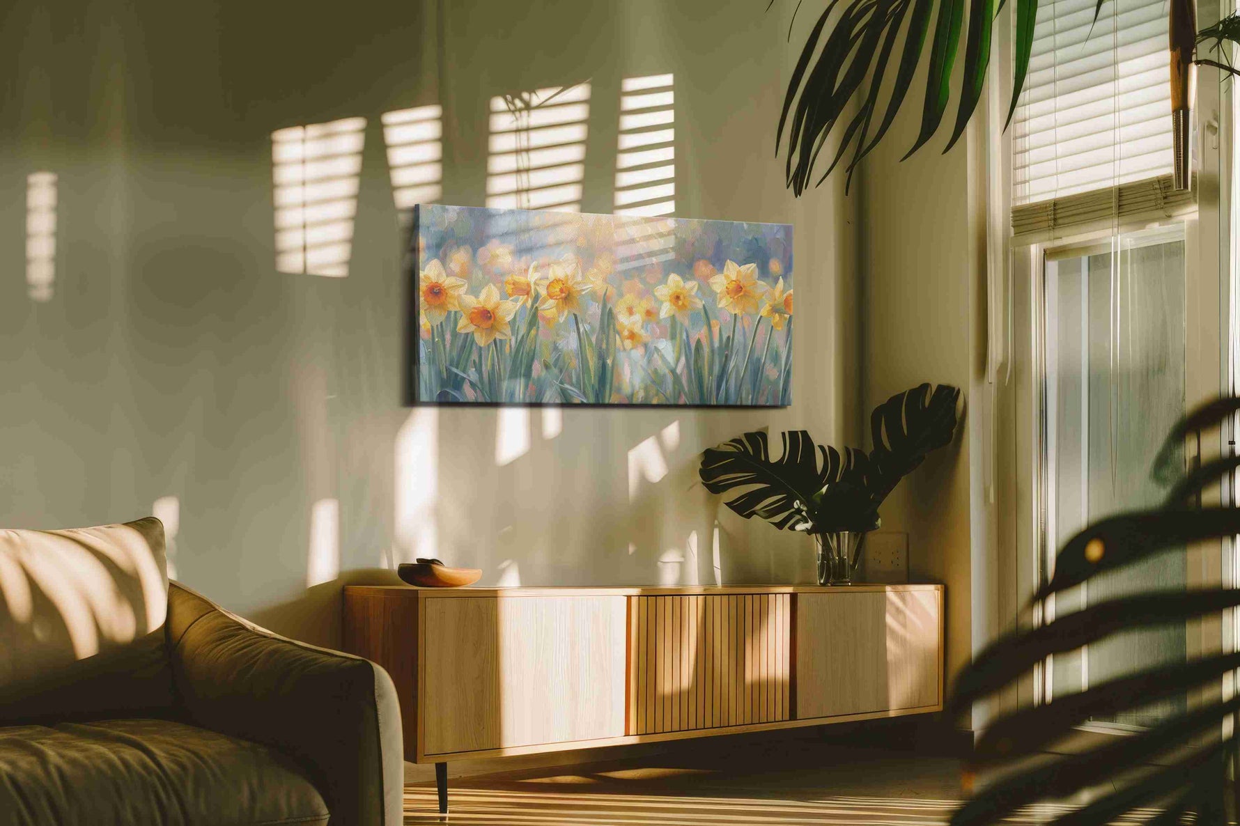 Sunlit Daffodil Symphony floral canvas print, on wall, lifestyle preview