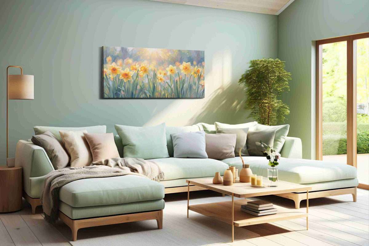 Sunlit Daffodil Symphony floral canvas print, hanging on wall