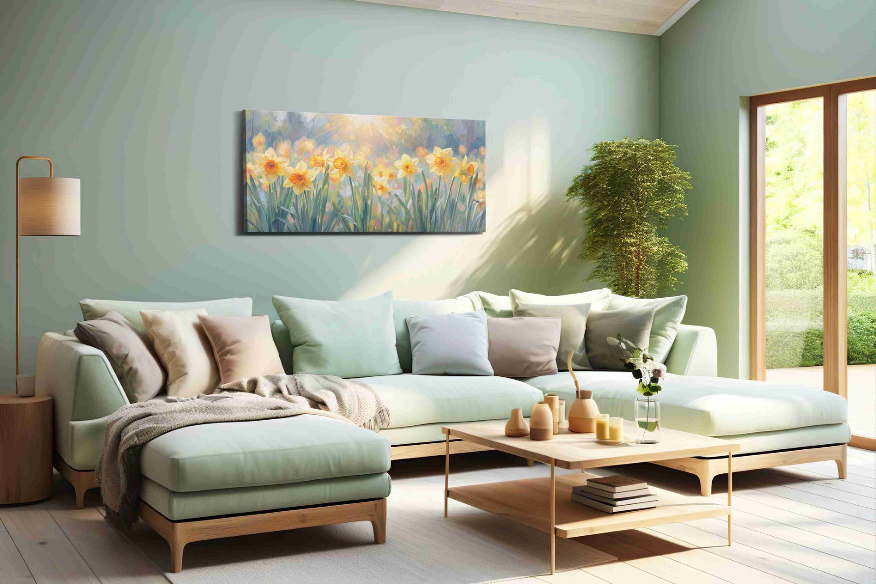Sunlit Daffodil Symphony floral canvas print, hanging on wall