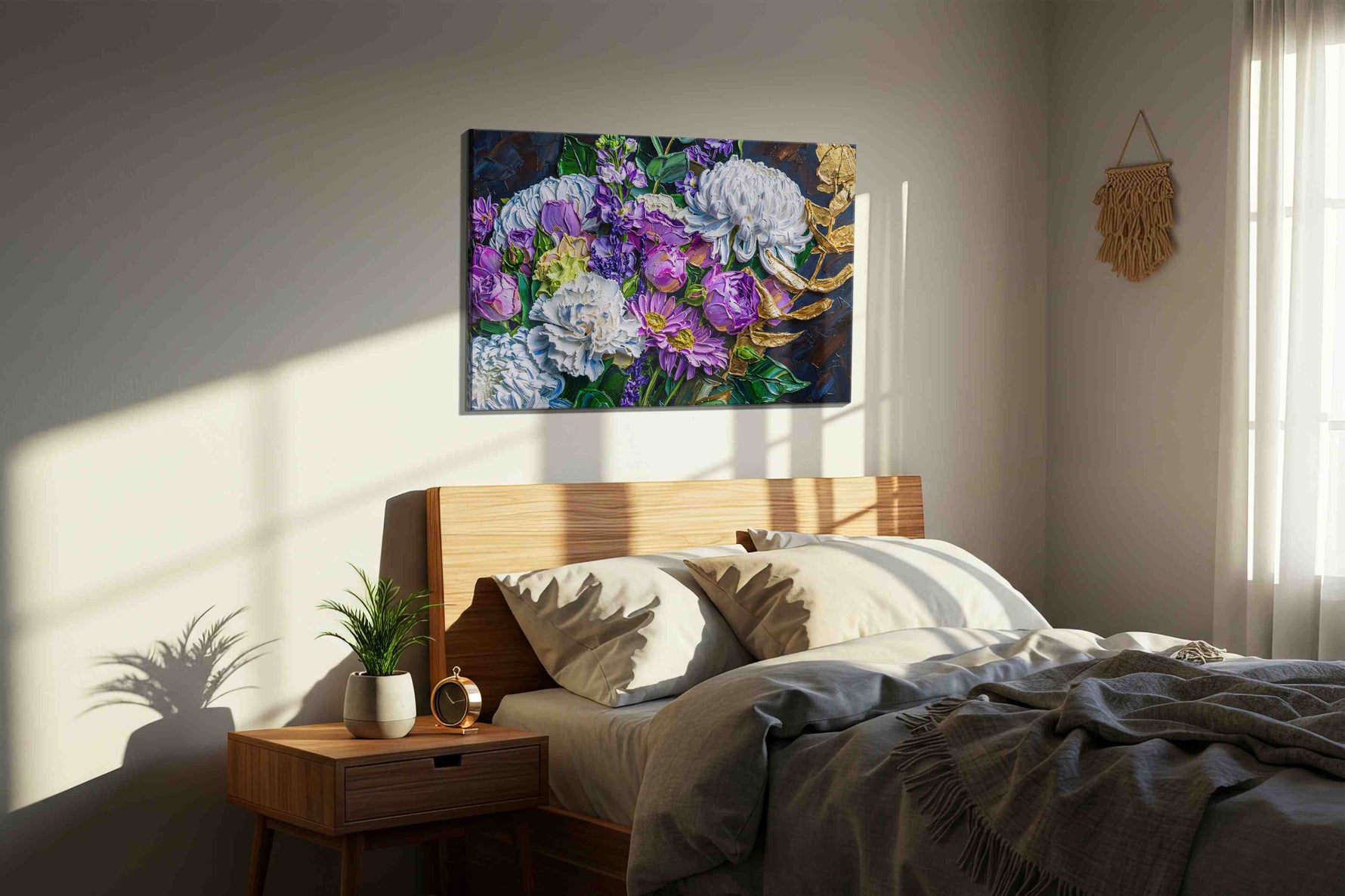 The Gilded Blooms floral canvas print, displayed in a bedroom