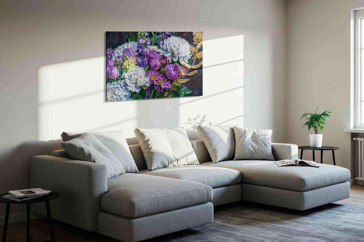 The Gilded Blooms floral canvas print in a living room scene