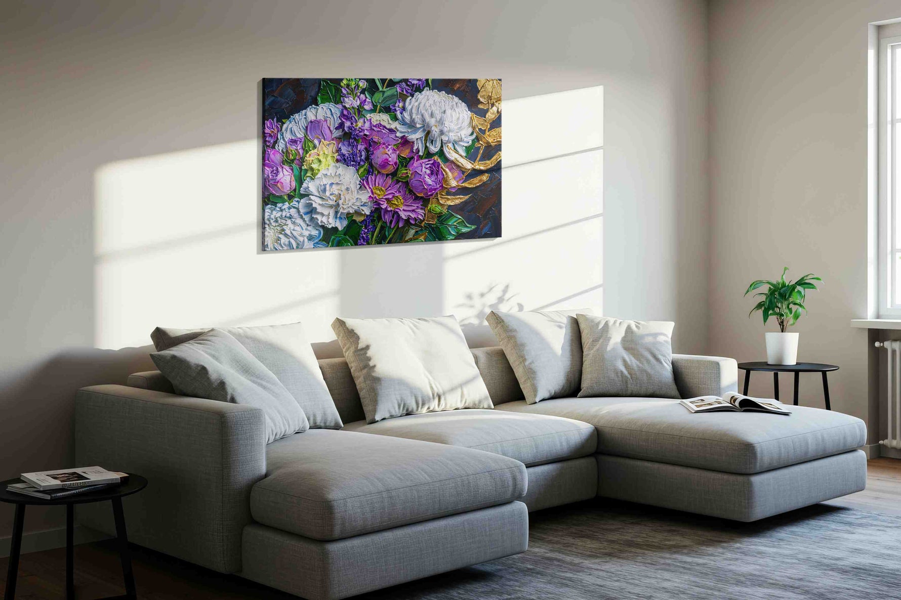 The Gilded Blooms floral canvas print in a living room scene