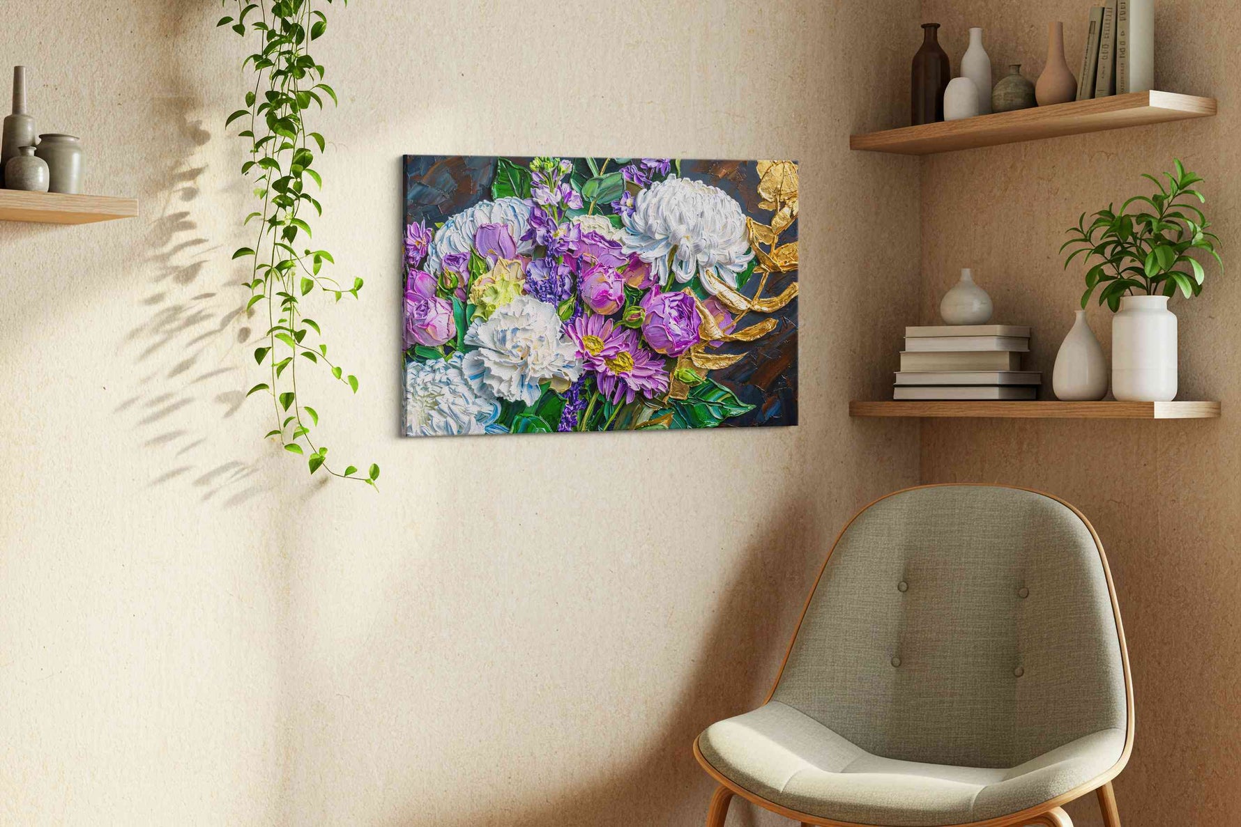 The Gilded Blooms floral canvas print, displayed in a living room