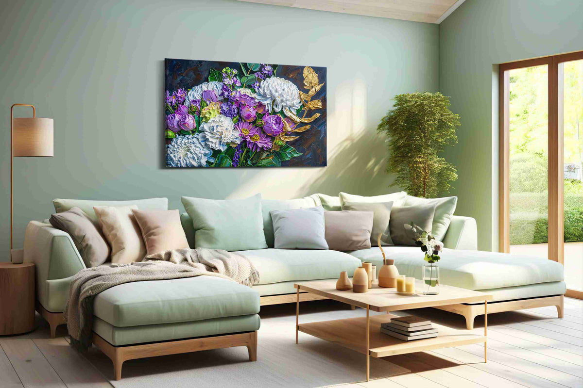 The Gilded Blooms floral canvas print, hanging on wall