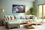 The Gilded Blooms floral canvas print, hanging on wall