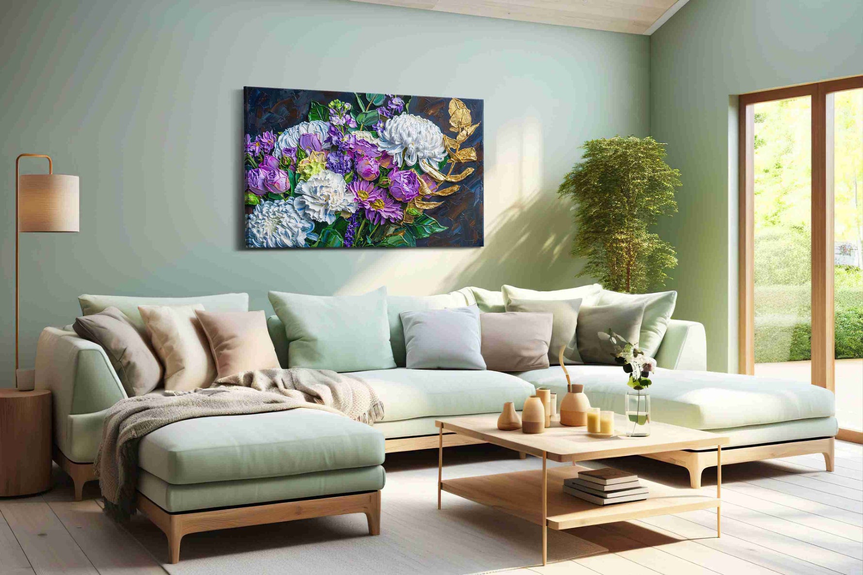 The Gilded Blooms floral canvas print, hanging on wall
