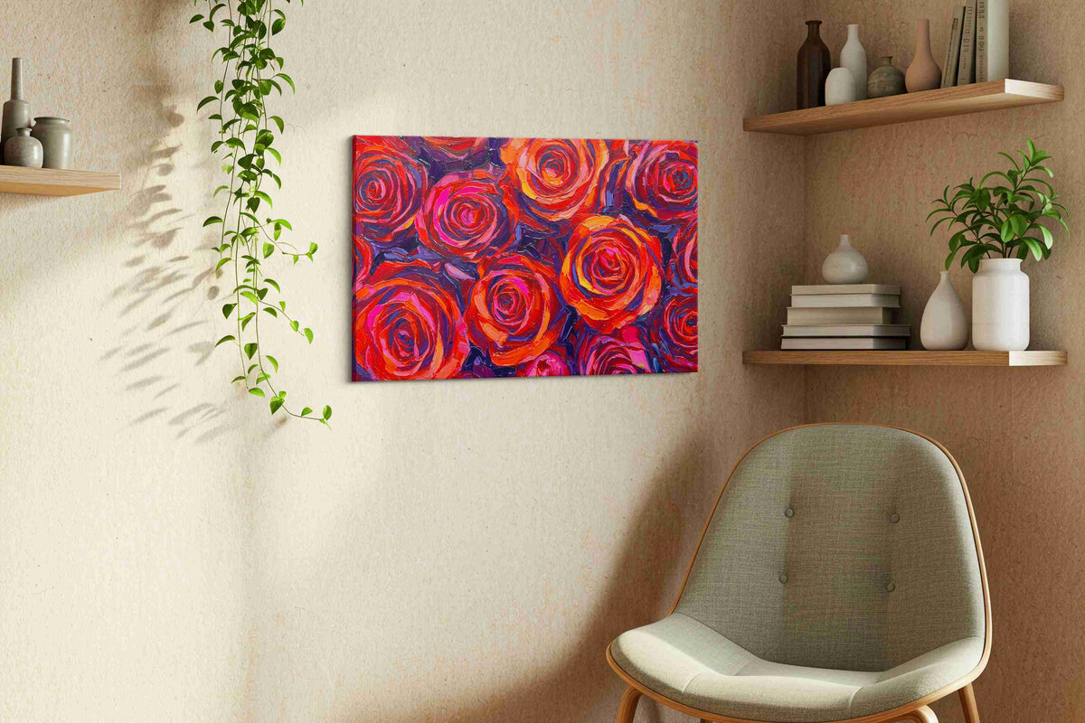 Velvet Whirl of Passion floral canvas print, displayed in a living room