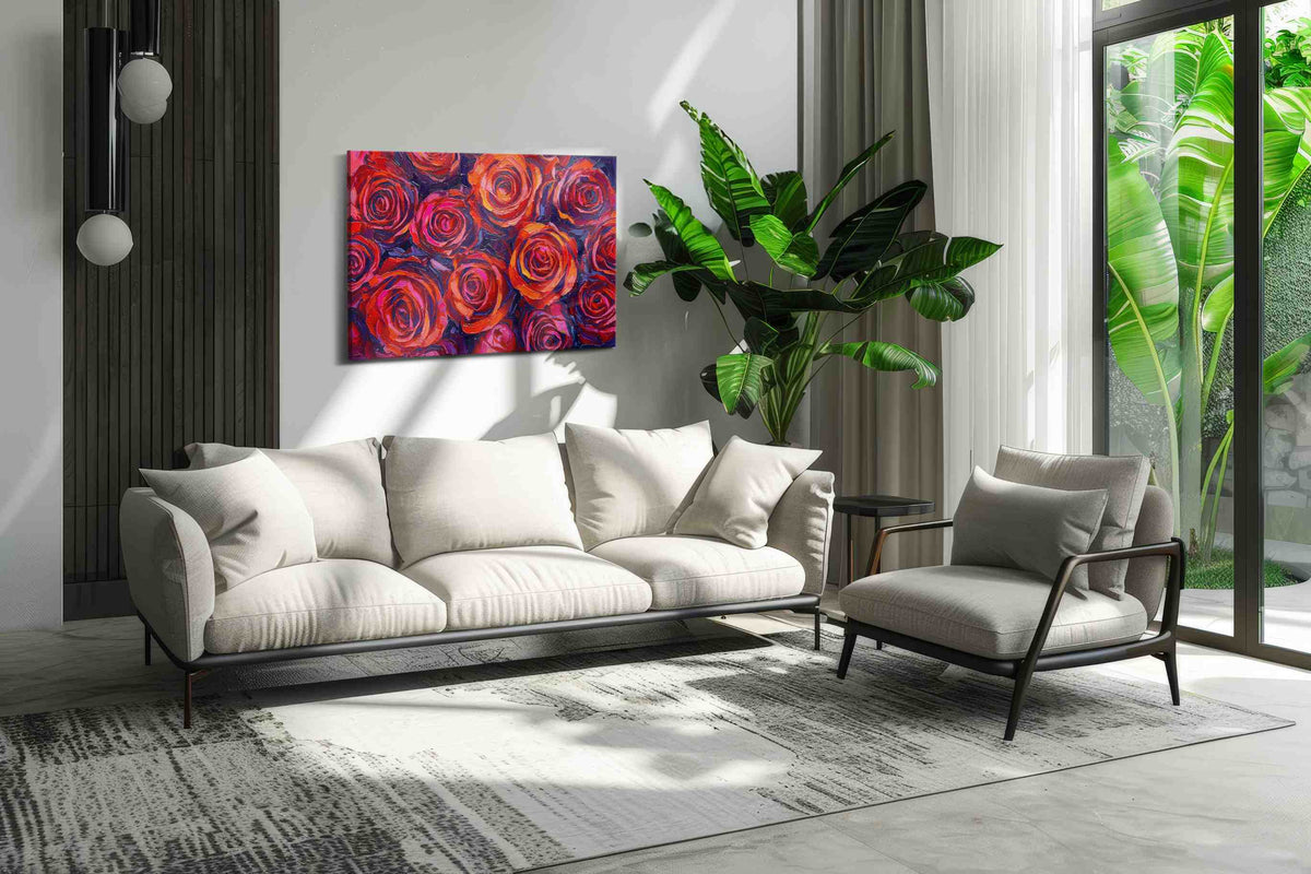 Velvet Whirl of Passion floral canvas print, on wall, lifestyle preview