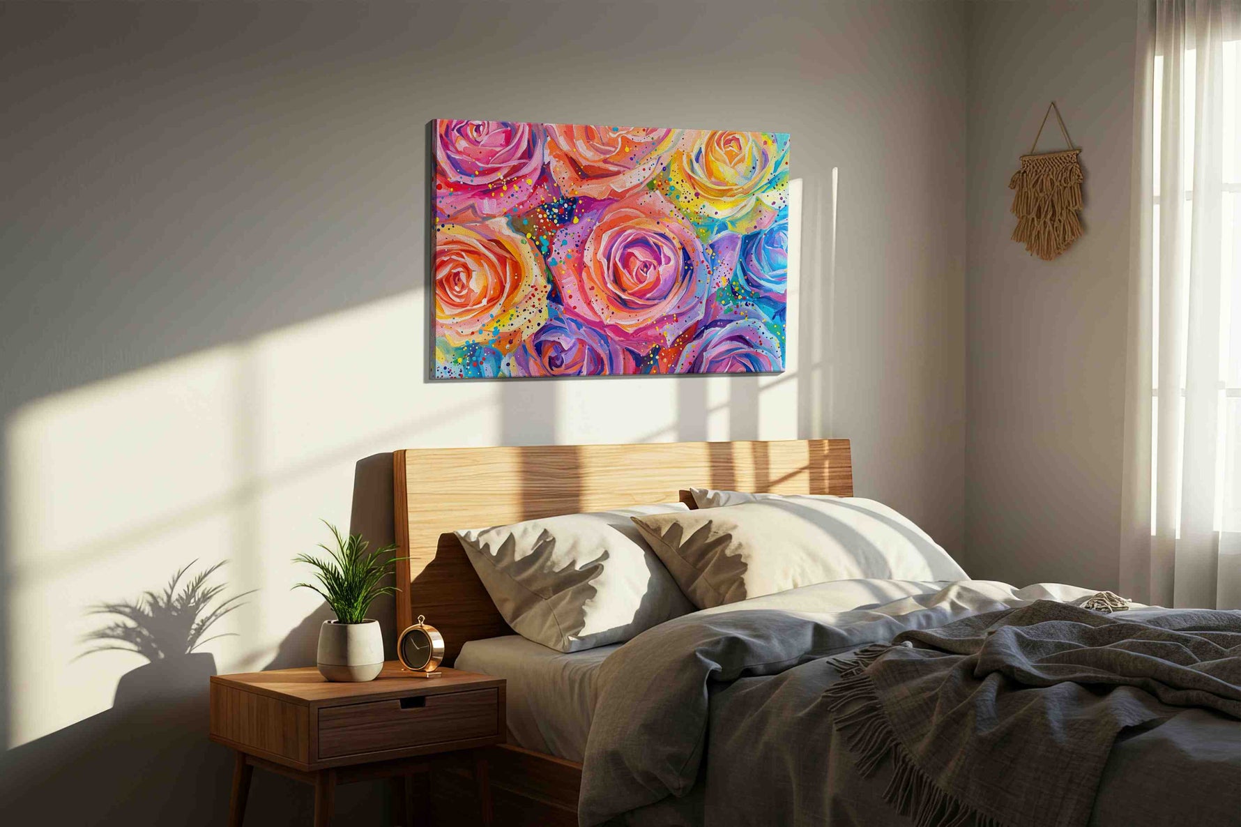 Vibrant Blossoms Symphony floral canvas print, displayed in a bedroom