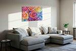 Vibrant Blossoms Symphony floral canvas print, displayed in a living room