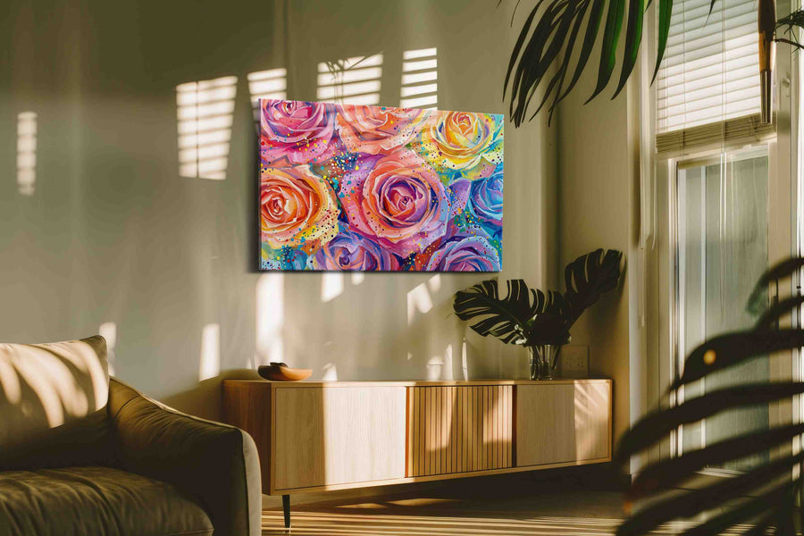 Vibrant Blossoms Symphony floral canvas print, on wall, lifestyle preview