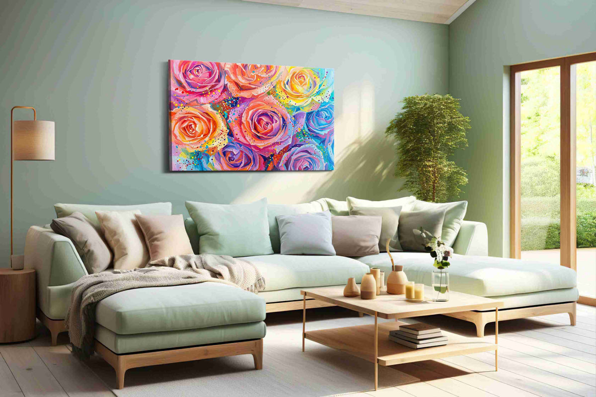 Vibrant Blossoms Symphony floral canvas print, hanging on wall