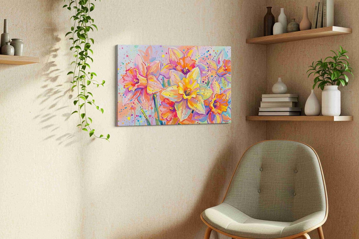 Vibrant Daffodil Dreams floral canvas print styled in a living room