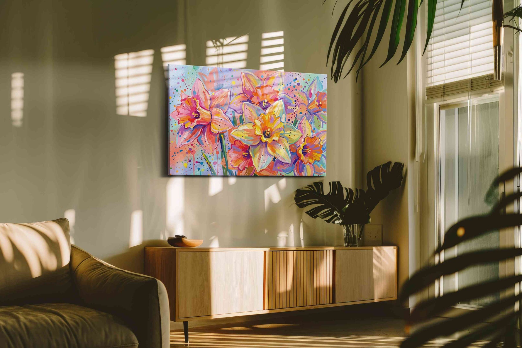 Vibrant Daffodil Dreams floral canvas print, on wall, lifestyle preview