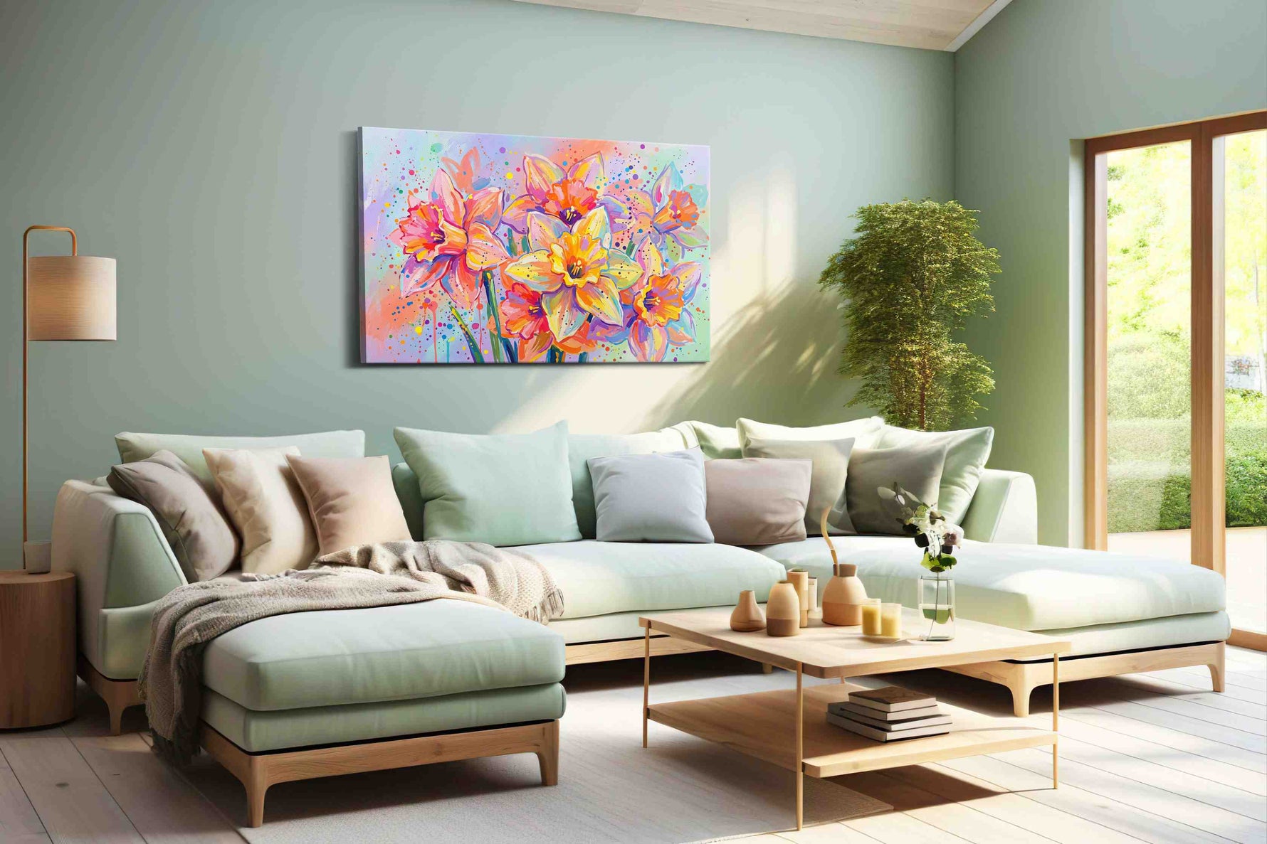 Vibrant Daffodil Dreams floral canvas print, hanging on wall