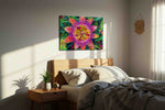 Vibrant Passion Bloom floral canvas print, displayed in a bedroom