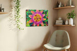 Vibrant Passion Bloom floral canvas print, displayed in a living room