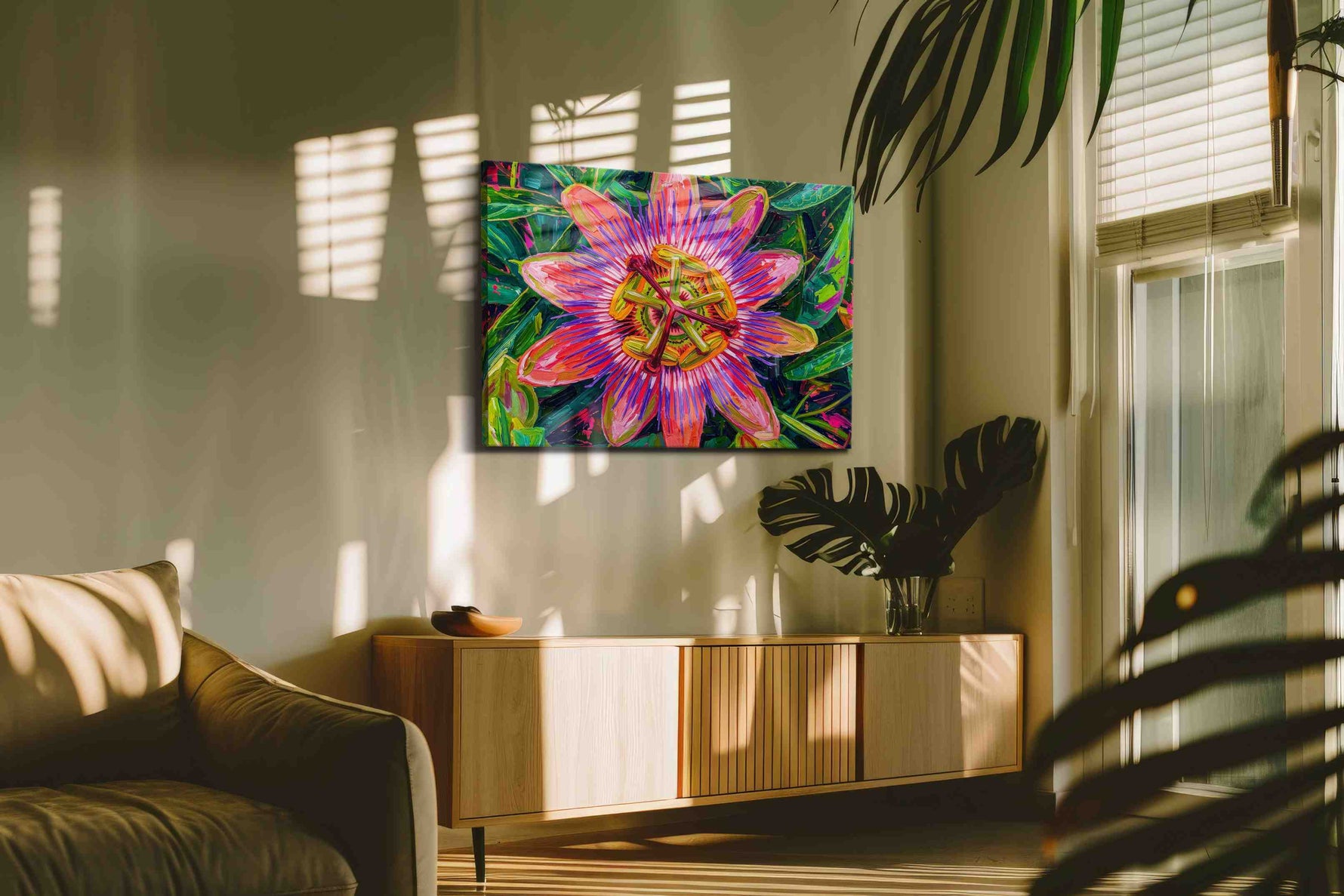 Vibrant Passion Bloom floral canvas print, on wall, lifestyle preview