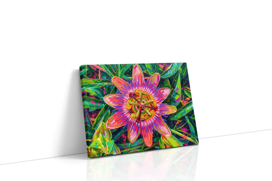 Vibrant Passion Bloom floral canvas print, gallery-wrapped, ready to hang