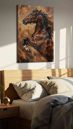 Galloping Spirit of the Wild horses canvas print, displayed in a bedroom