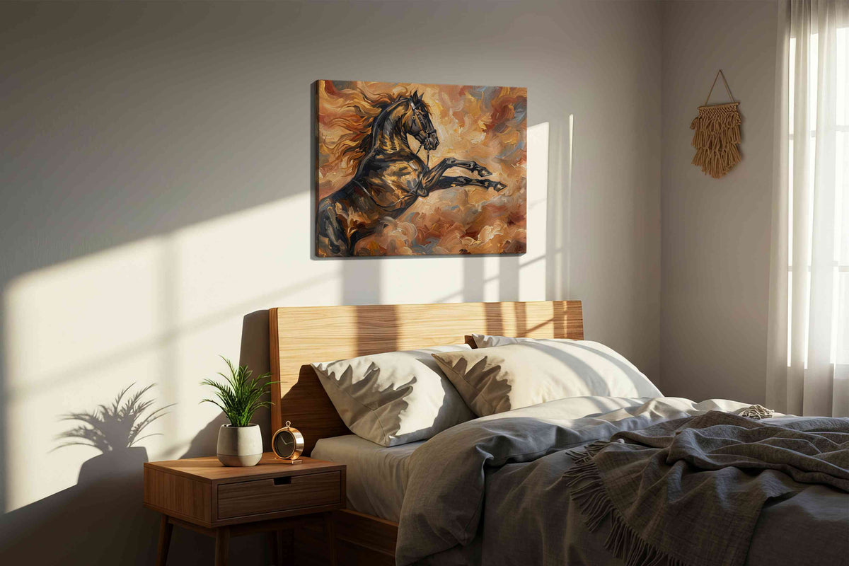 Galloping Through the Heavens horses canvas print, displayed in a bedroom