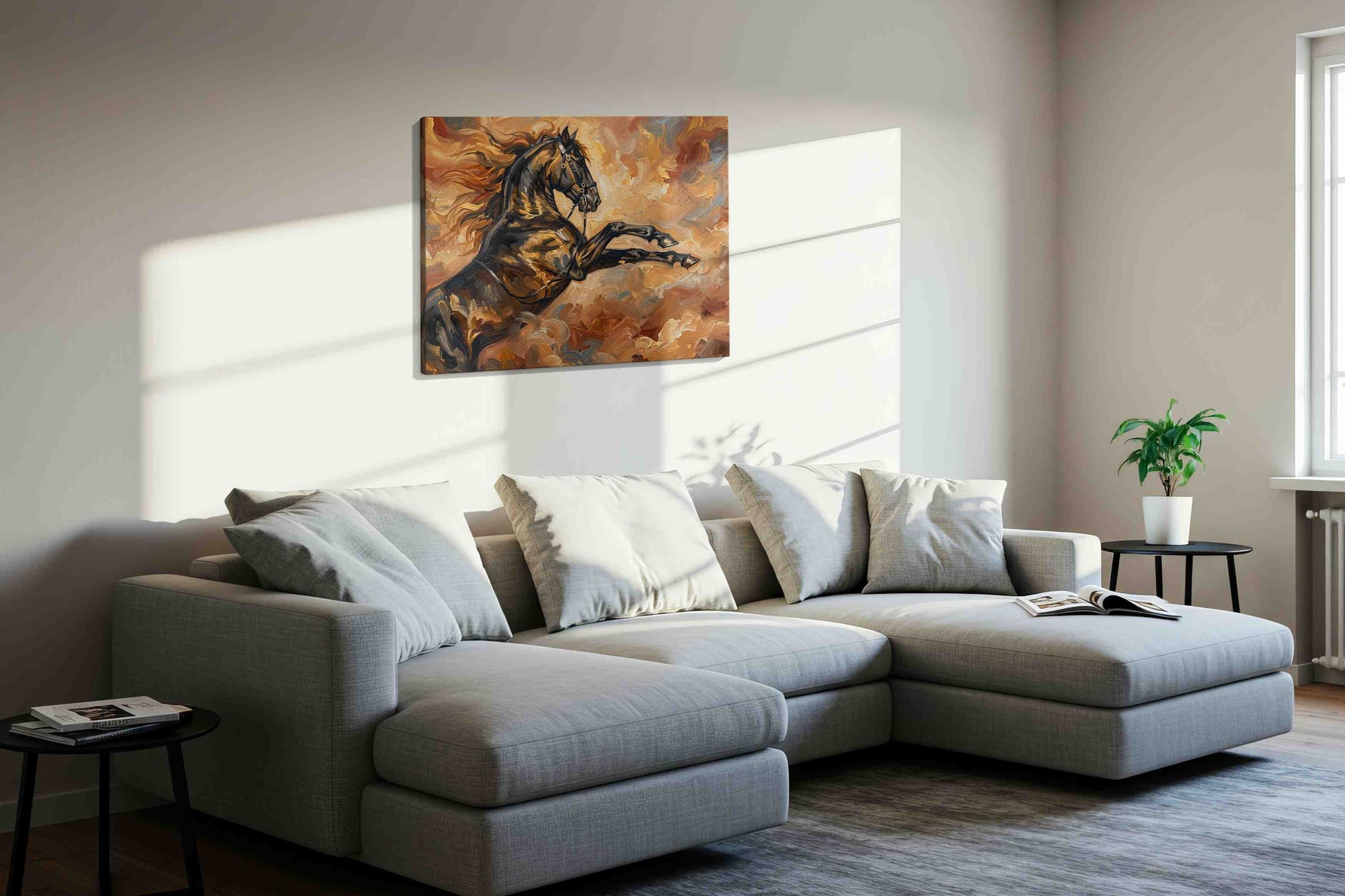 Galloping Through the Heavens horses canvas print, displayed in a living room