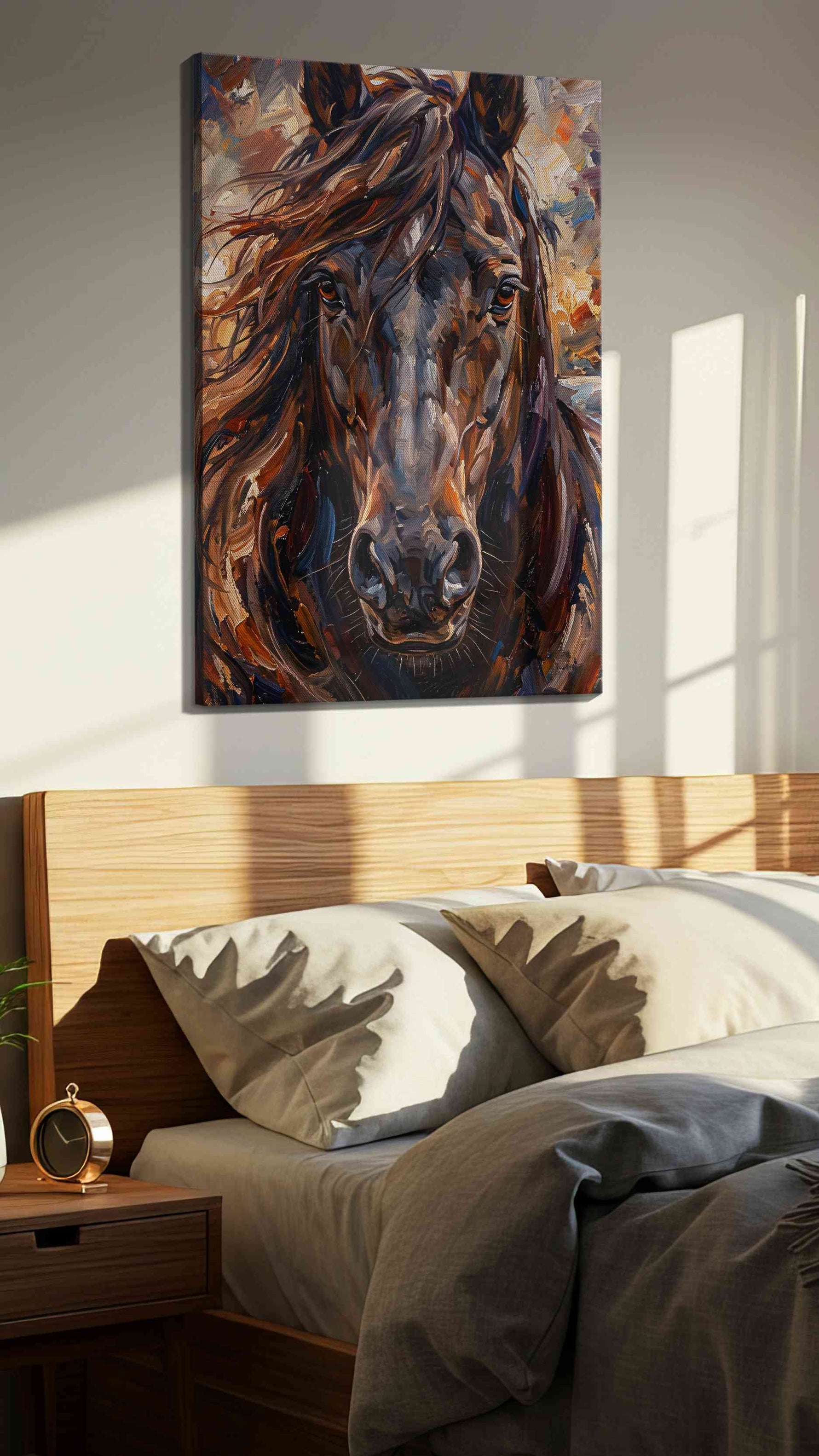 Majestic Equestrian Spirit horses canvas print, displayed in a bedroom