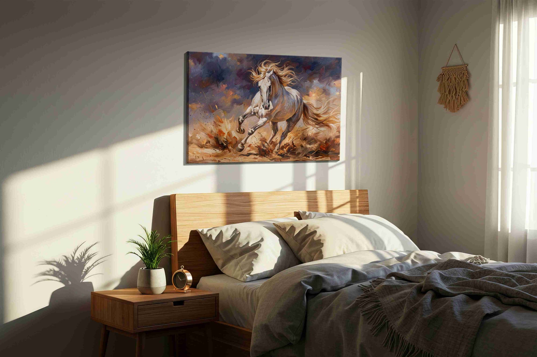 Stormbound Stallion horses canvas print, displayed in a bedroom