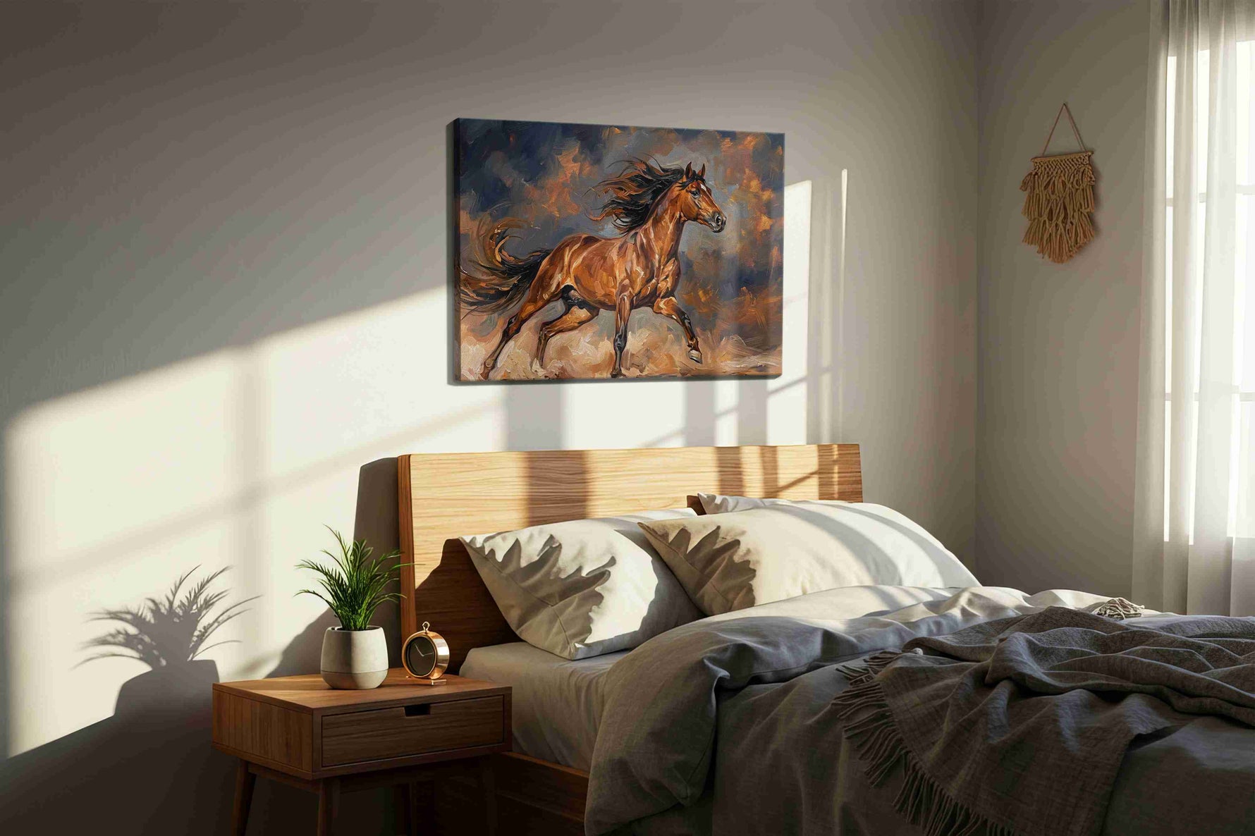 Wild Spirit in Motion horses canvas print, displayed in a bedroom