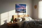 Celestial Peaks at Dusk mountain canvas print, displayed in a bedroom