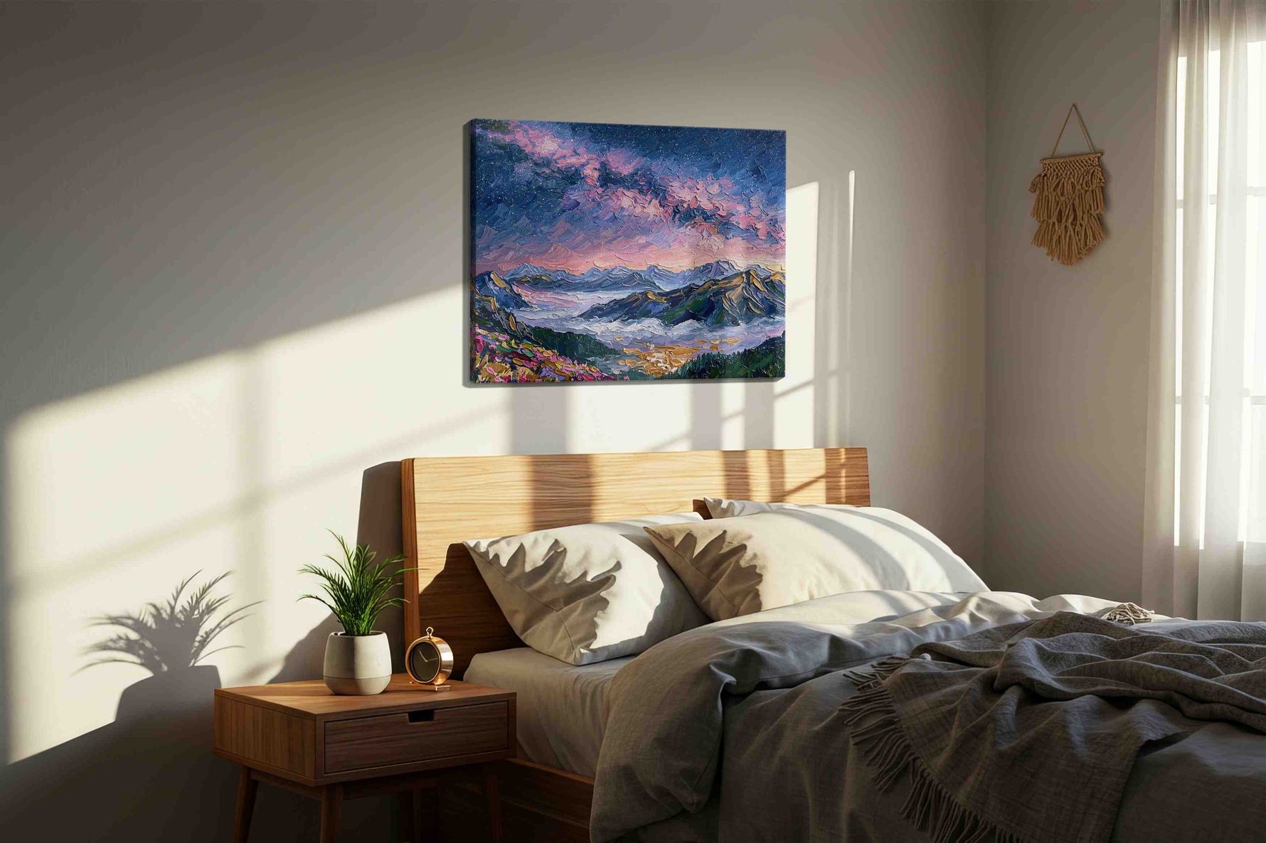 Celestial Peaks at Dusk mountain canvas print, displayed in a bedroom