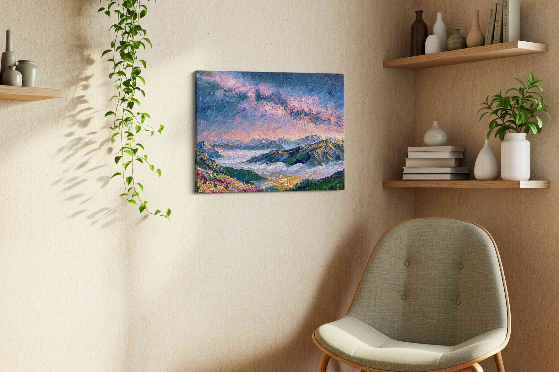 Celestial Peaks at Dusk mountain canvas print, displayed in a living room