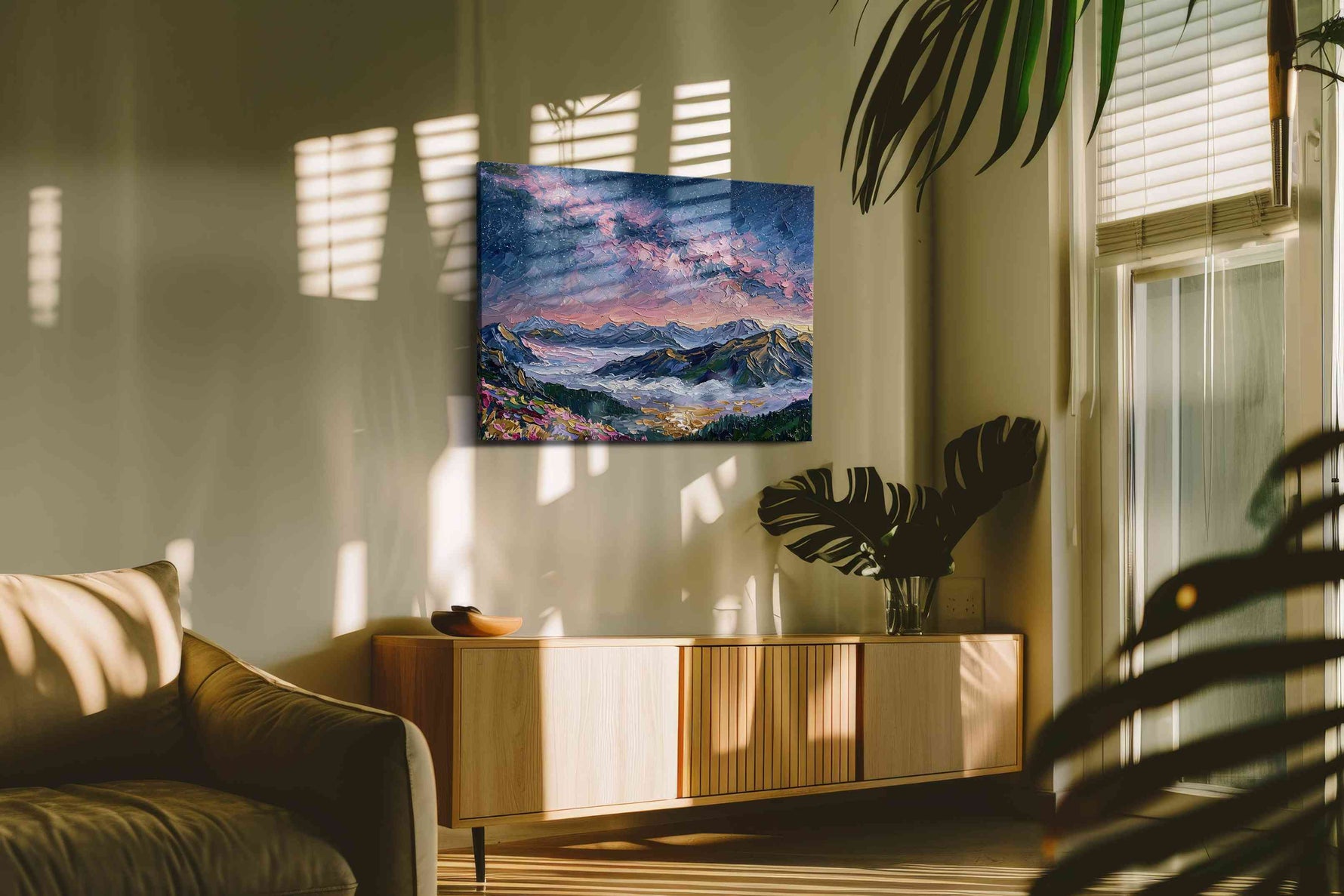 Celestial Peaks at Dusk mountain canvas print, on wall, lifestyle preview