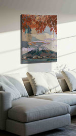 Crimson Canopy Over Fuji landscape canvas print, displayed in a living room