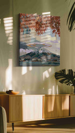 Crimson Canopy Over Fuji landscape canvas print in a hung canvas mockup
