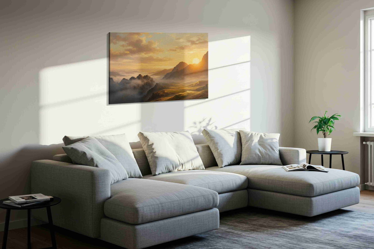 Eternal Dawn over Valleys landscape canvas print in a living room scene