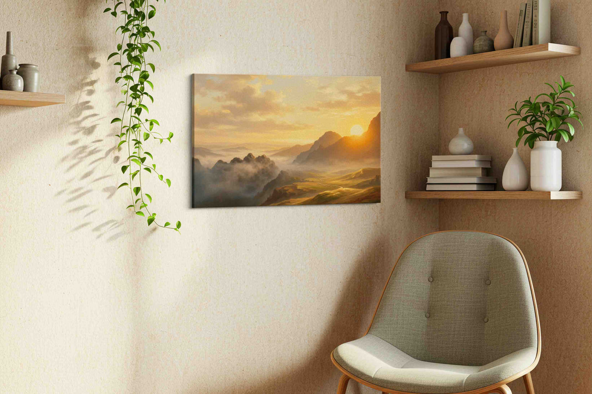 Eternal Dawn over Valleys landscape canvas print, displayed in a living room