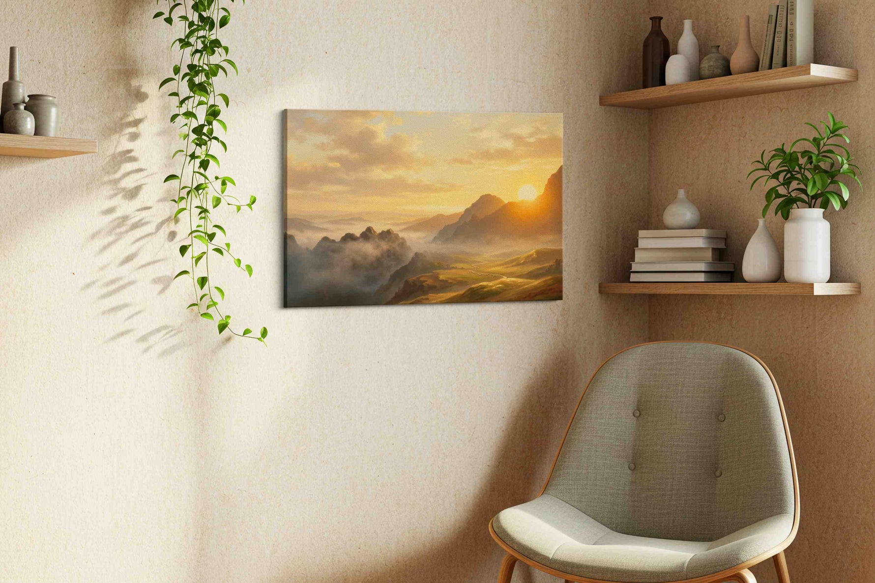 Eternal Dawn over Valleys landscape canvas print, displayed in a living room